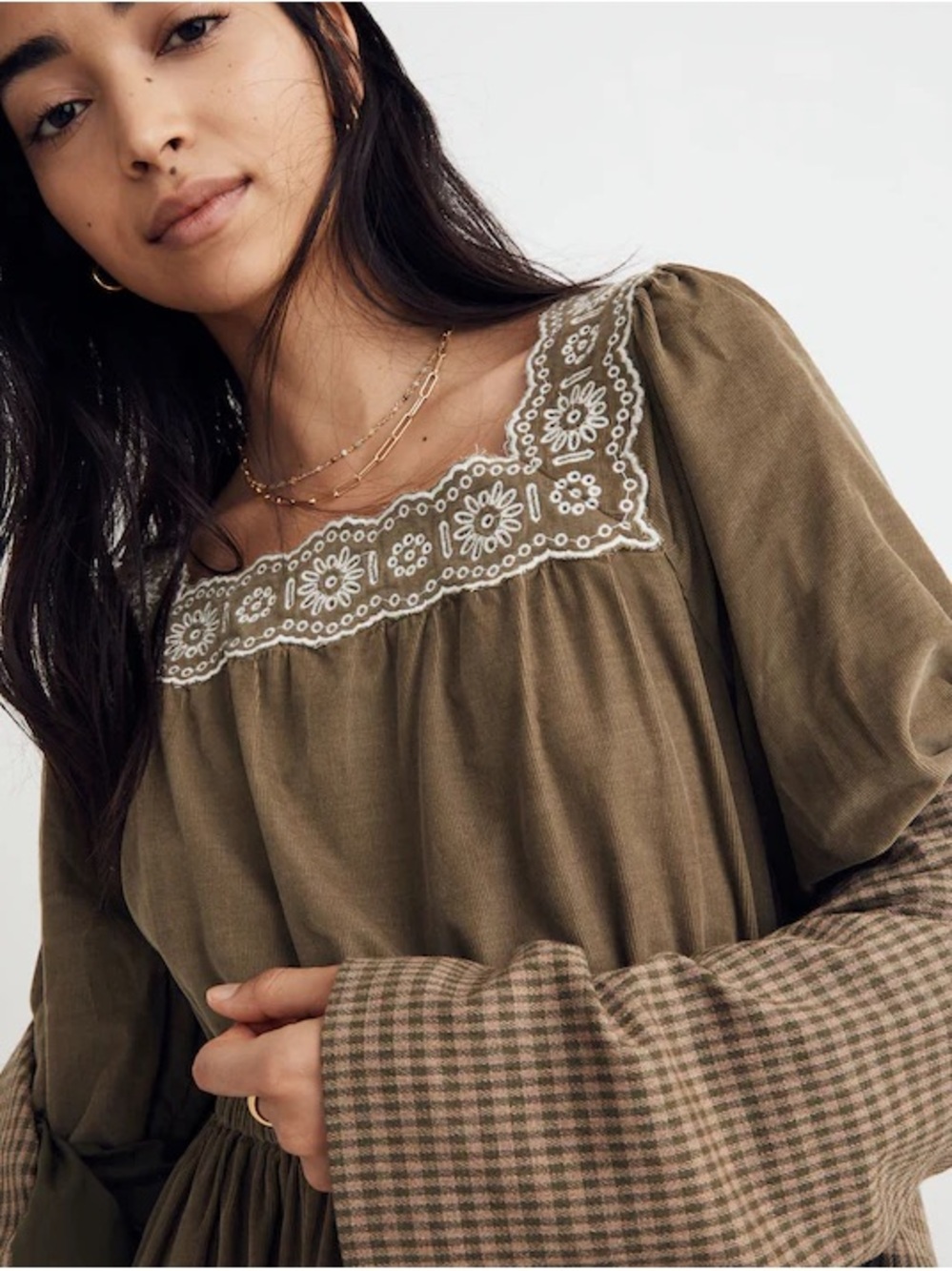 Madewell Embroidered Corduroy Square Neck Mini Dress Women’s XL Olive Gr - Picture 3 of 15